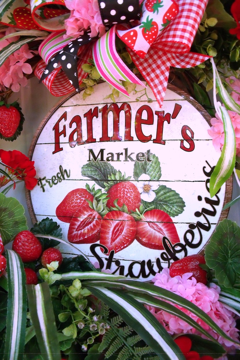 SALE CIJ XLg Strawberry Wreath Reds Door Wreath Summer Wreath Greens Geranium Wreath Wall Wreath Pinks Spider Plant wreath Wispy Wr