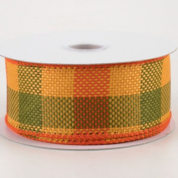 5 Yards, Wired 1.5" Faux Burlap Wide Check Ribbon, Orange/Deep Yellow/Moss Green, Fall, Thanksgiving, Wreaths, Bows, Arrangement, Scrapbook