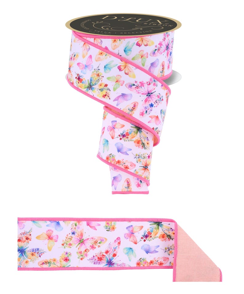 2 Butterfly Ribbons D'lux Butterflies & Wildflowers Fused Double Sided Wired Ribbon, White ...
