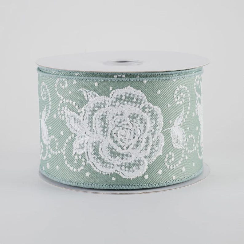 Light Green Ribbon Roses Glitter Roses Linen Ribbon: Wired Sage Green & White - 2.5