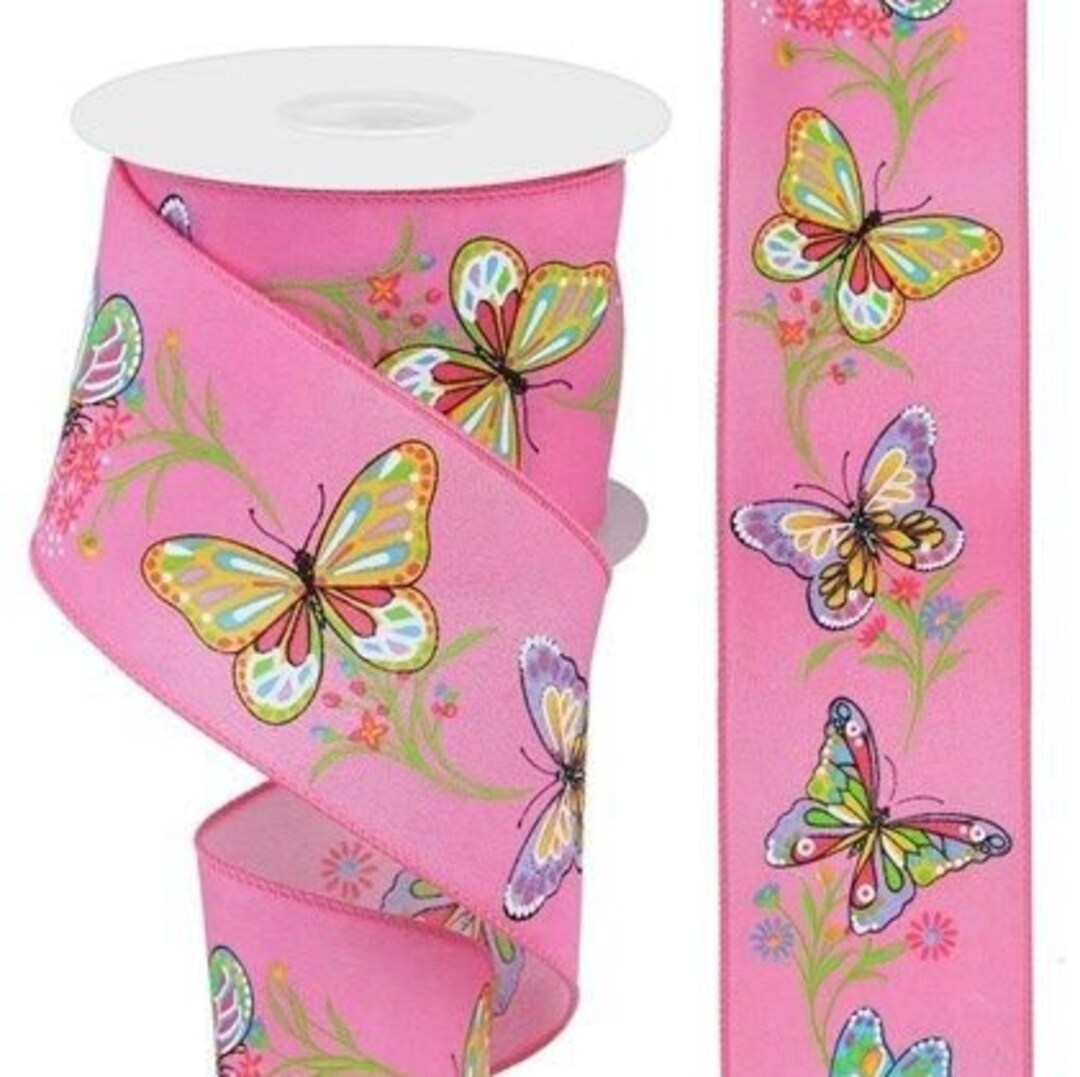 Butterfly Wired Ribbon: Multi-colored on Pink, 2.5
