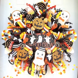 Halloween Wreath, XLg Fall Whimsical Ghost Candy Corn Wreath, Children's Non Scary Wreath, Black Orange Yellow White, Front Door Wreath