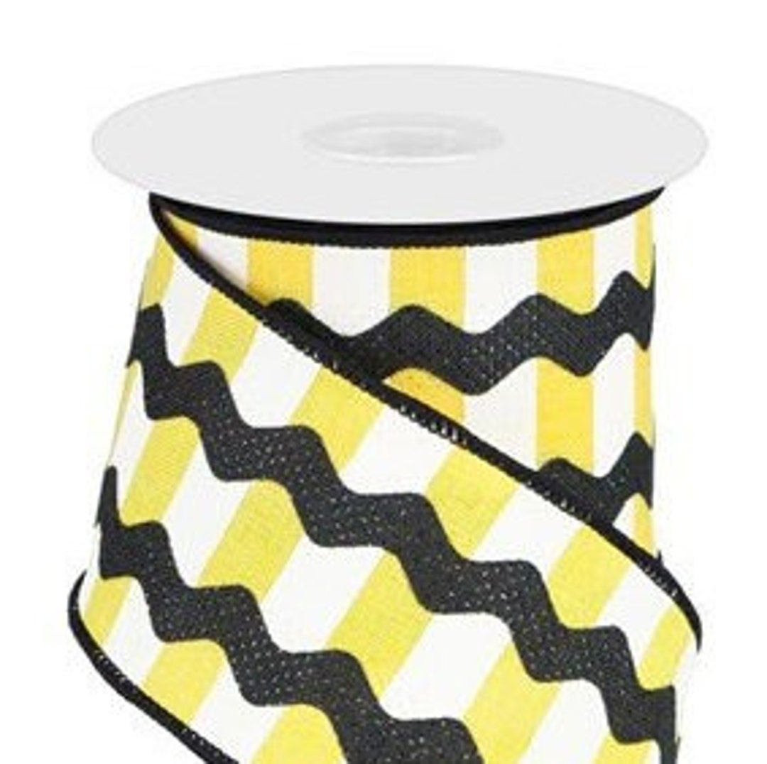 Yellow Stripe Ribbon With Black Ric Rac: Wired Edge, 2.5