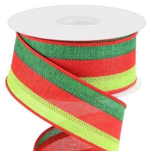 Christmas Burlap Wired Ribbon: Lime Green, Red, Emerald - 1.5&quot; x 10 Yds