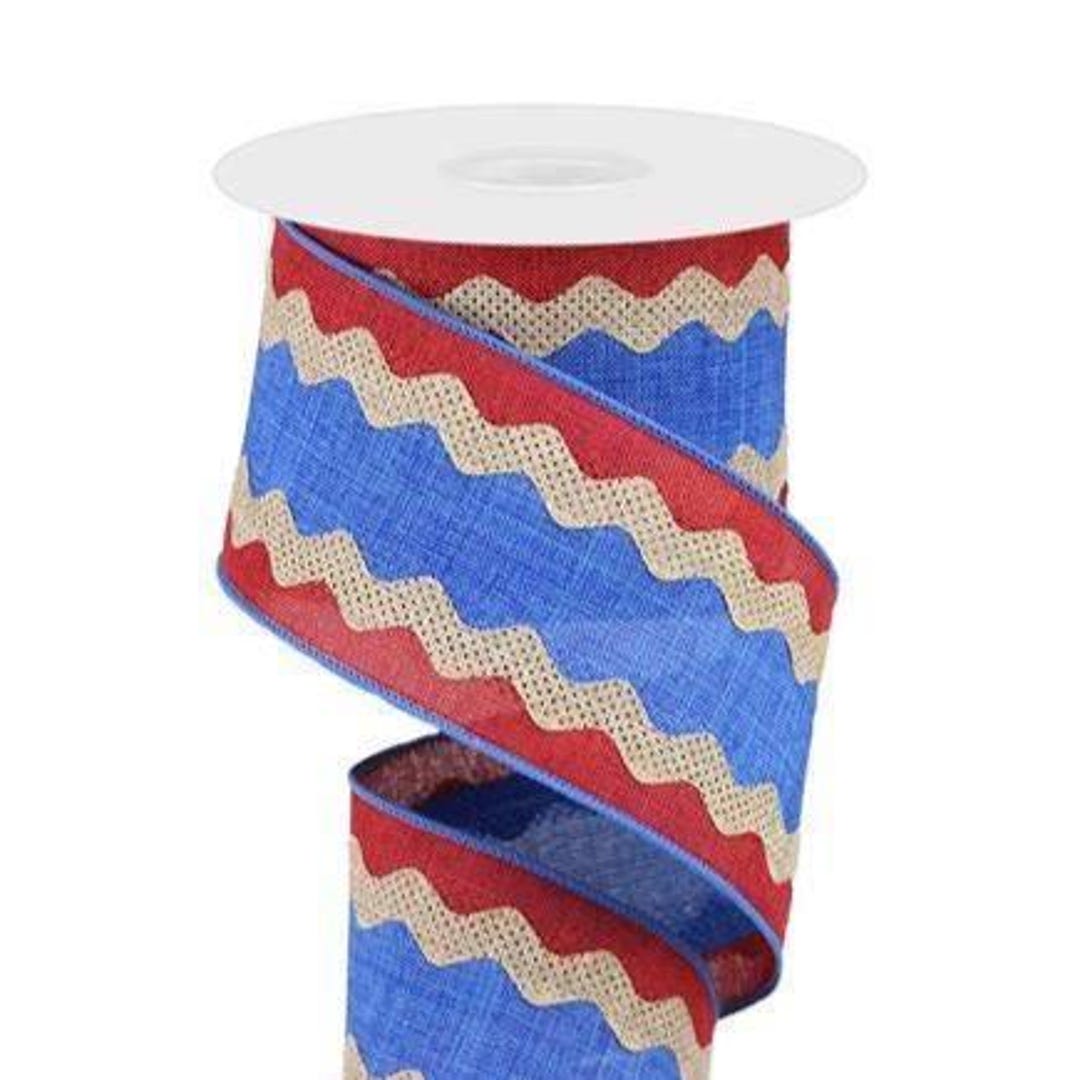3-in-1 Ric Rac Red Blue Light Tan Wired Ribbon, 2.5