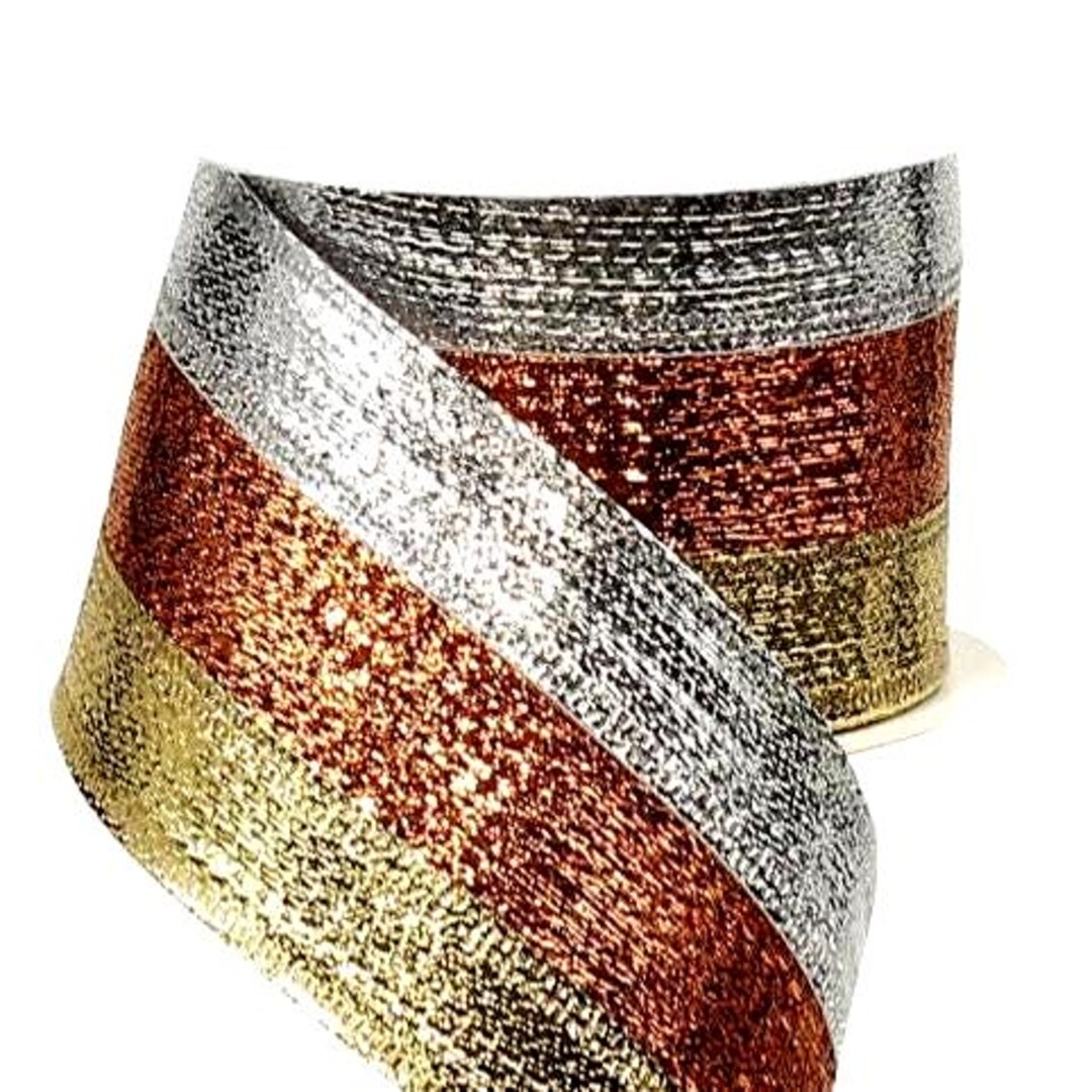 Metal Ribbon Color Metallic Tricolor Stripe Ribbon: Silver, Copper, Gold Wired Edge - 2.5 ...