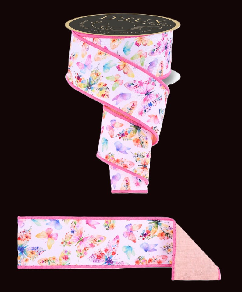2 Butterfly Ribbons D'lux Butterflies & Wildflowers Fused Double Sided Wired Ribbon, White ...