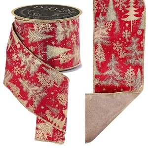 4&quot; X 10 Yds. Beautiful Foil Trees/Fused wired ribbon, Red/Metallic Gold, Christmas/Winter/Seasonal, Wreaths, Bows, Arrangement, Garland