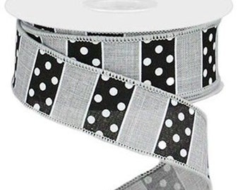 Gray Black White Polka Dot Stripes Wired Edge Ribbon, 1.5 Inch X 10 Yards, Spring Summer Wreath making, Arrangement, Scrap-booking, Bow