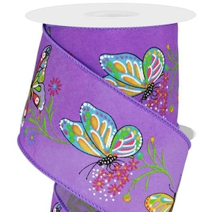 2.5&quot; X 10Yds. Butterflies & Flowers Wired Ribbon, Purple/Multi, Any Season, Spring Summer, Wreath making, Arrangement, Scrap-booking, Crafts