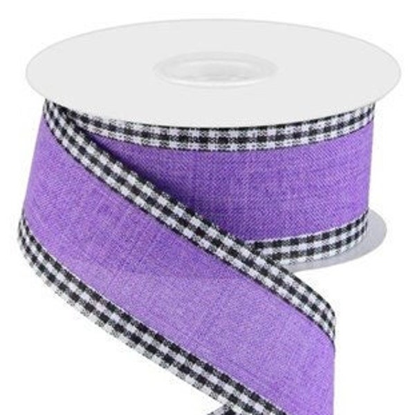 Lavender Royal Burlap black/white Gingham Edge Wired Ribbon, 1.5" X 10 Yards, Spring Summer, Wreath, Arrangement, Scrap-booking, Crafts