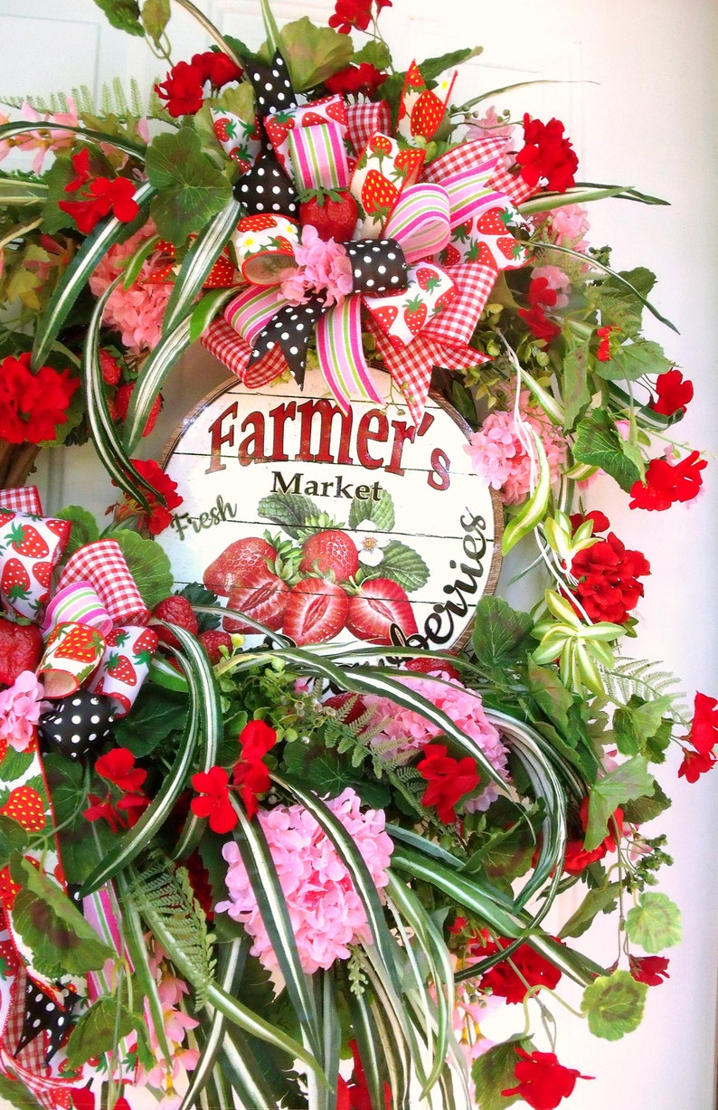 SALE CIJ XLg Strawberry Wreath Reds Door Wreath Summer Wreath Greens Geranium Wreath Wall Wreath Pinks Spider Plant wreath Wispy Wr