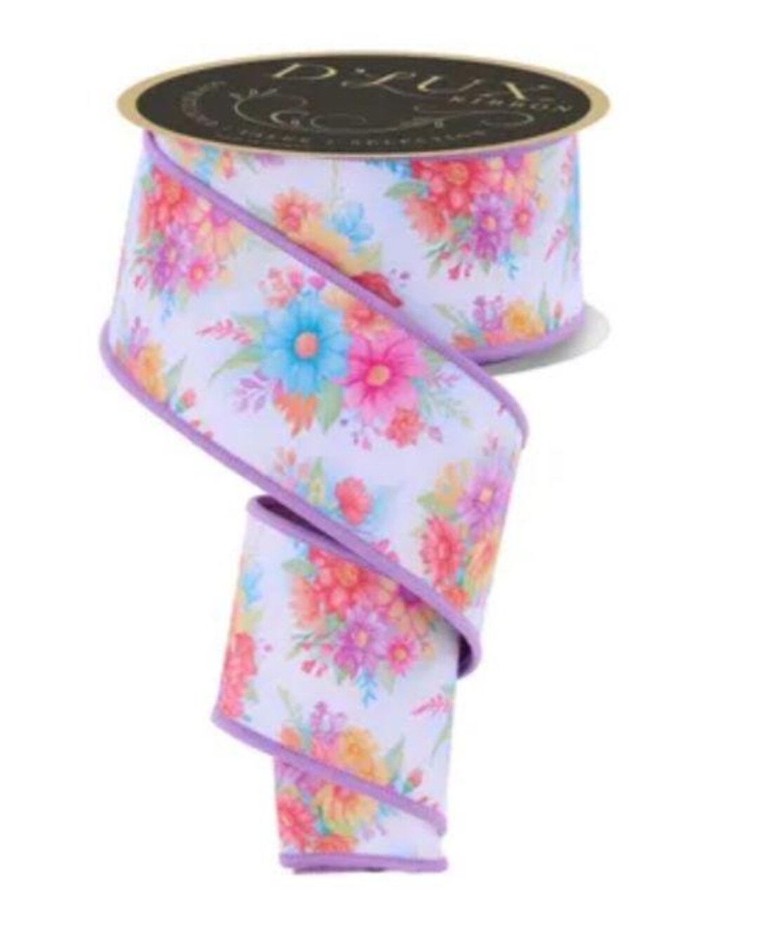 D'lux Bright Floral Wired Ribbon: White, Lavender & Pink, 2.5