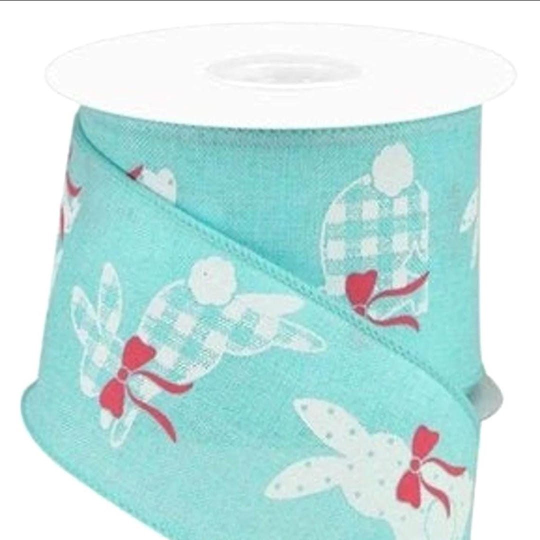 Patterned Bunnies on Royal Wired Ribbon: Ice Blue/white/pink, 2.5