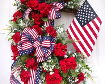 Patriotic Geranium Wreath, Memorial Day Wreath, Summer 4th of July Americana Front Door Wreath, Military Veteran's Day American Flag Wreath
