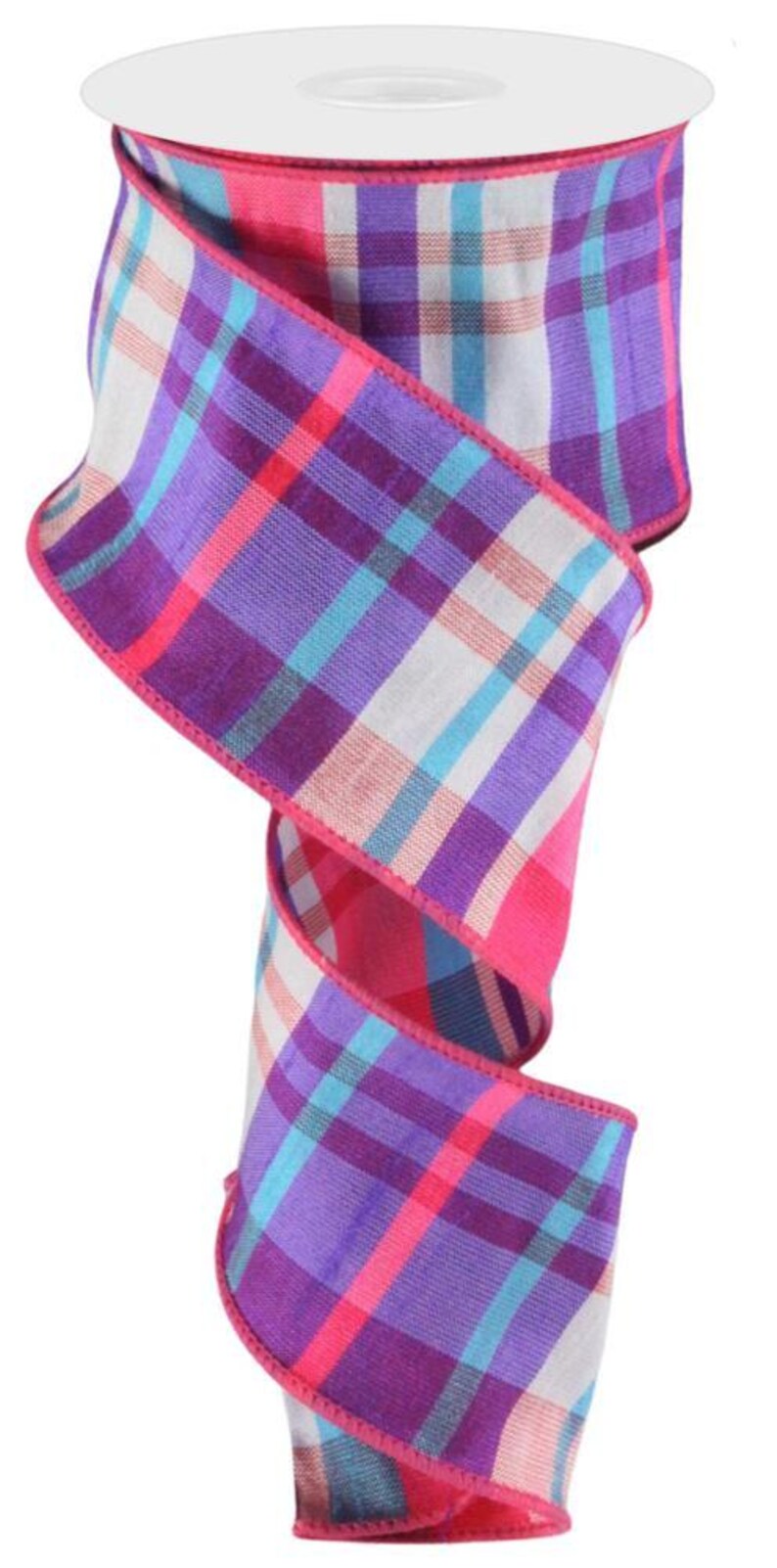Pink Plaid Pattern Ribbon Plaid Wired Ribbon, Hot Pink Purple Turquoise, Faux Dupioni 2.5