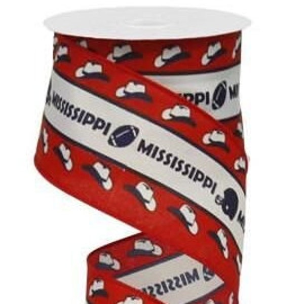 2.5" X 10 Yds. Mississippi Football Wired Ribbon, White/Red, Sports, Football, Wreath, Arrangement, Scrap-booking, Crafts, Bows, Garlands