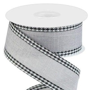 Light Grey Royal Burlap with black/white Gingham Edge Wired Ribbon, 1.5&quot; X 10 Yds, Spring Summer, Wreath, Arrangement, Scrap-booking, Crafts
