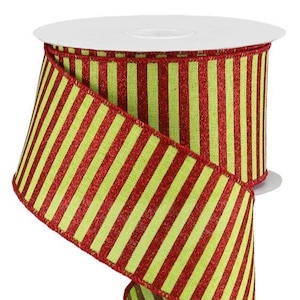 Glitter Stripe Wired Ribbon: Lime Green & Red Christmas Decor, 2.5&quot; x 10 Yards