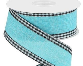 Light Blue Burlap Ribbon: Black Gingham Wired Edge, 1.5" x 10 Yards