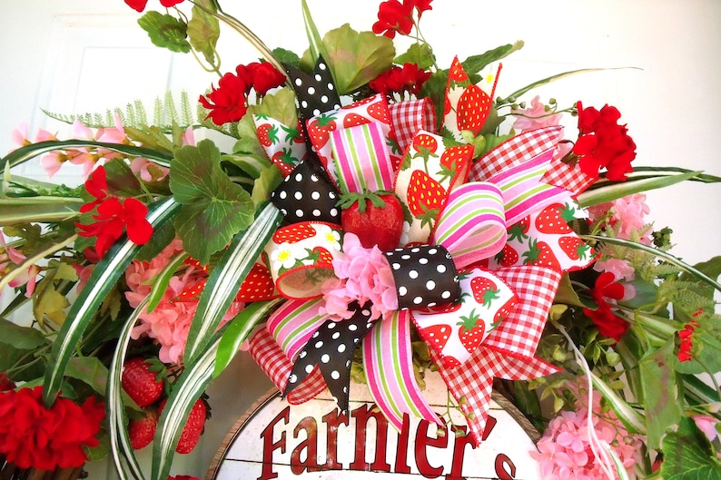 SALE CIJ XLg Strawberry Wreath Reds Door Wreath Summer Wreath Greens Geranium Wreath Wall Wreath Pinks Spider Plant wreath Wispy Wr