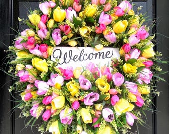 Tulip Door Wreath, Spring Welcome Sign, Large Wreath, Gift