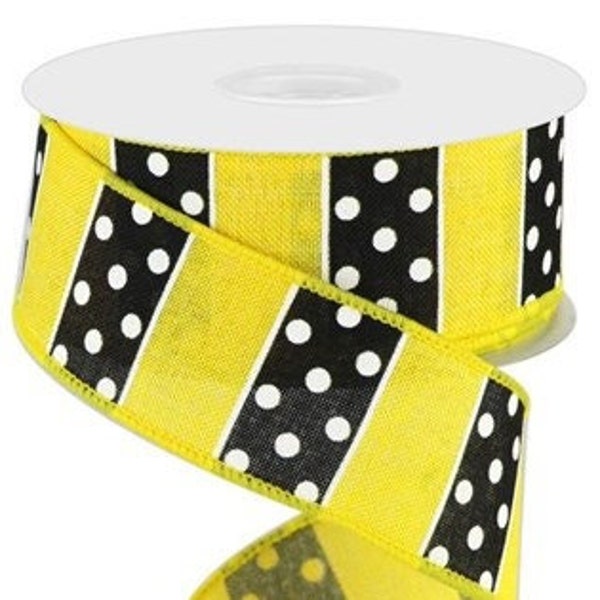 Black White Polka Dot Stripes Yellow Wired Edge Ribbon, 1.5 Inch X 10 Yards, Spring Summer Wreath making, Arrangement, Scrap-booking, Bow