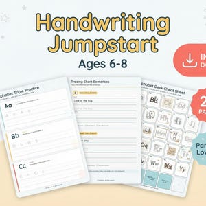 Könnte beinhalten: Lehrreiches Arbeitsblatt für Handschriftübungen, 'Handwriting Jumpstart' für Kinder im Alter von 6-8 Jahren. Enthält Buchstabenübungen, Satzverfolgung und eine Spickzettel. Mit dem Text "Handwriting Jumpstart Ages 6-8" und "Instant Download".