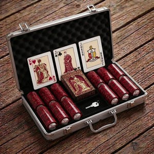 May include: A silver poker set case with a black interior, holding red poker chips, a deck of cards, and playing cards. The cards include a King of Hearts, a Jack of Clubs, and a Joker card. A key is also included.