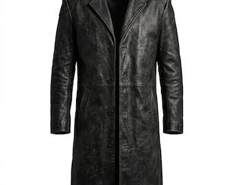 May include: A long, black leather coat featuring a distressed, weathered texture. This garment includes a notched lapel collar, long sleeves, and a front button closure with four visible buttons. The design incorporates structured shoulder panels.