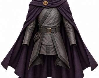 May include: A dark gray tunic with long sleeves, a high collar, and a belted waist featuring a side pouch. A deep purple textured cloak is draped over the shoulders, secured at the neck with a circular gold-toned metal clasp with intricate detailing.