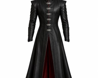 May include: A long black coat featuring a high collar, structured shoulders, and long sleeves. The front is secured with five ornate silver-toned metal clasps. The interior lining is a deep red color, visible through the open front hem.