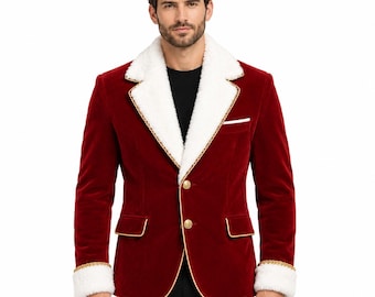 May include: A deep red velvet blazer featuring a white faux fur lapel and cuffs, gold braided trim along the edges, two gold-toned buttons at the front closure, two flap pockets, and a single white pocket square detail on the chest.
