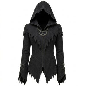 May include: A dark grey hooded jacket featuring a full-length front zip, a jagged distressed hemline, and frayed edges on the hood and sleeves. The garment includes a decorative double chain detail at the neckline and two buckled straps on each cuff.