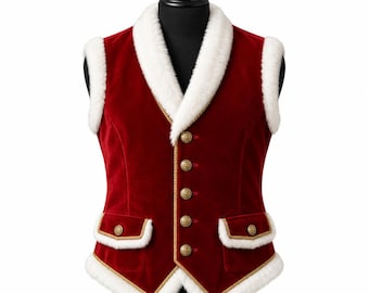 May include: A deep red velvet vest featuring a thick white faux fur shawl collar, armhole trim, and hem. The garment includes five gold-toned buttons down the front and two front pockets with matching gold-toned buttons and white fur trim.