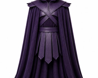 May include: A deep purple hooded cloak featuring structured shoulder accents, a crisscross chest harness, and a wide waist belt with a series of vertical, pointed panels hanging down the front. The garment is made of a textured fabric.