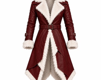 May include: A deep red long coat featuring a white faux fur lining, wide lapels, and a matching belt with a buckle at the waist. The sleeves include adjustable buckled straps at the cuffs, and the hemline has an asymmetrical pointed design.