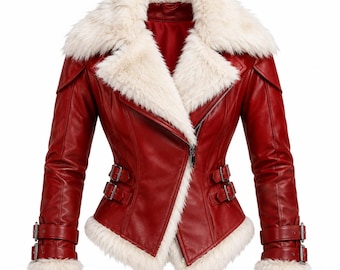 May include: A red jacket featuring a large white faux fur collar and white faux fur trim along the bottom hem and cuffs. The jacket includes an asymmetrical front zipper closure and two adjustable buckle straps on each side of the waist.