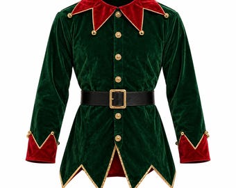 May include: A long-sleeved green velvet tunic featuring a red velvet collar and cuffs with gold jingle bells. The garment includes a front button closure with gold-toned buttons and a black belt with a gold-toned buckle at the waist.