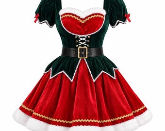 May include: A velvet dress featuring a red bodice with a sweetheart neckline, dark green puff sleeves, and a flared red skirt. The garment includes white faux fur trim, a black belt with a gold buckle, white lace-up detailing, and red bows.