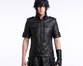May include: A black short-sleeved leather jacket with a high collar, front zipper, and two chest pockets. The jacket features shoulder epaulets and sleeve tabs. A black fingerless leather glove with metal studs is worn on one hand.