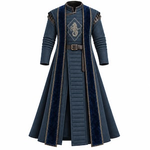 Pode incluir: Um casaco comprido azul-escuro com textura acolchoada, gola alta e mangas compridas com detalhes canelados. A frente apresenta um cinto de couro castanho e um painel central com um emblema de cavalo-marinho. Orla de veludo azul na abertura frontal.
