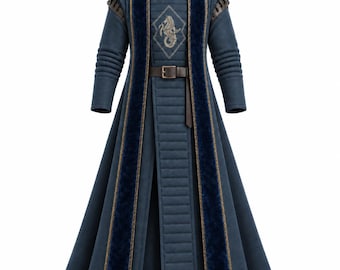 May include: A long, dark blue coat featuring a quilted texture, a high collar, and long sleeves with ribbed detailing. The front displays a brown leather belt and a central panel with a seahorse emblem. Dark blue velvet trim lines the front opening.