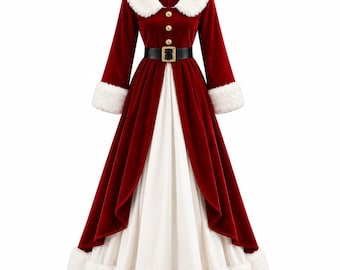 May include: A floor-length red velvet dress featuring long sleeves with white faux fur cuffs, a white faux fur collar, and a black belt with a gold buckle at the waist. The dress has a front opening revealing a white skirt underneath.