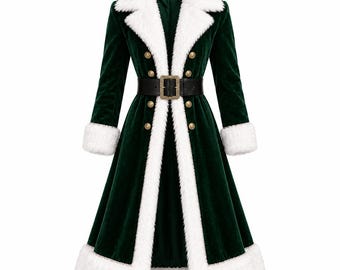 May include: A dark green velvet coat featuring a white faux fur collar, cuffs, and hem trim. The coat has a double-breasted front with gold-toned buttons and a black belt with a rectangular gold-toned buckle cinched at the waist.