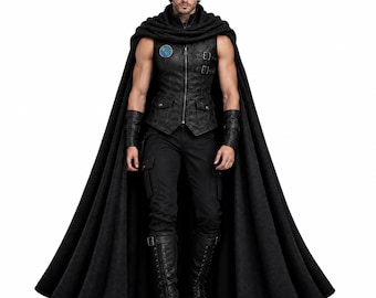 May include: A black sleeveless vest with a front zipper, two chest buckles, and two flap pockets, paired with black trousers, black wrist cuffs, and black lace-up boots. A long, flowing black cape with a high collar drapes over the shoulders.