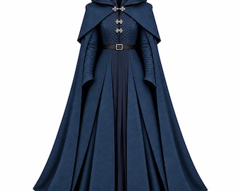 May include: A floor-length dark blue hooded cloak featuring a structured bodice with quilted detailing, a high collar, and three silver-toned decorative clasps. The garment includes a black waist belt with a silver buckle and a pleated skirt.