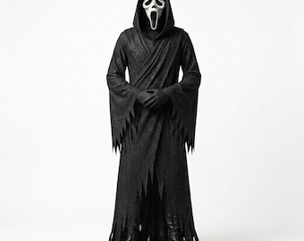 May include: A full-length black hooded robe with a jagged, pointed hemline and long sleeves. The costume includes a white mask featuring a distorted, elongated face with hollow black eye sockets and an open mouth, paired with black gloves and boots.