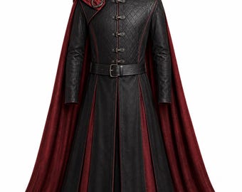May include: A long black coat with a quilted chest panel, a high collar, and a matching belt. The garment features a deep red interior lining, a long attached cape secured with a decorative metal brooch, and vertical front closures with metal clasps.