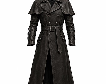 May include: A dark charcoal gray long coat featuring a double-breasted front with metallic buttons, a wide waist belt with a buckle, a shoulder capelet, and three horizontal buckle straps on each sleeve cuff, finished with a notched lapel collar.